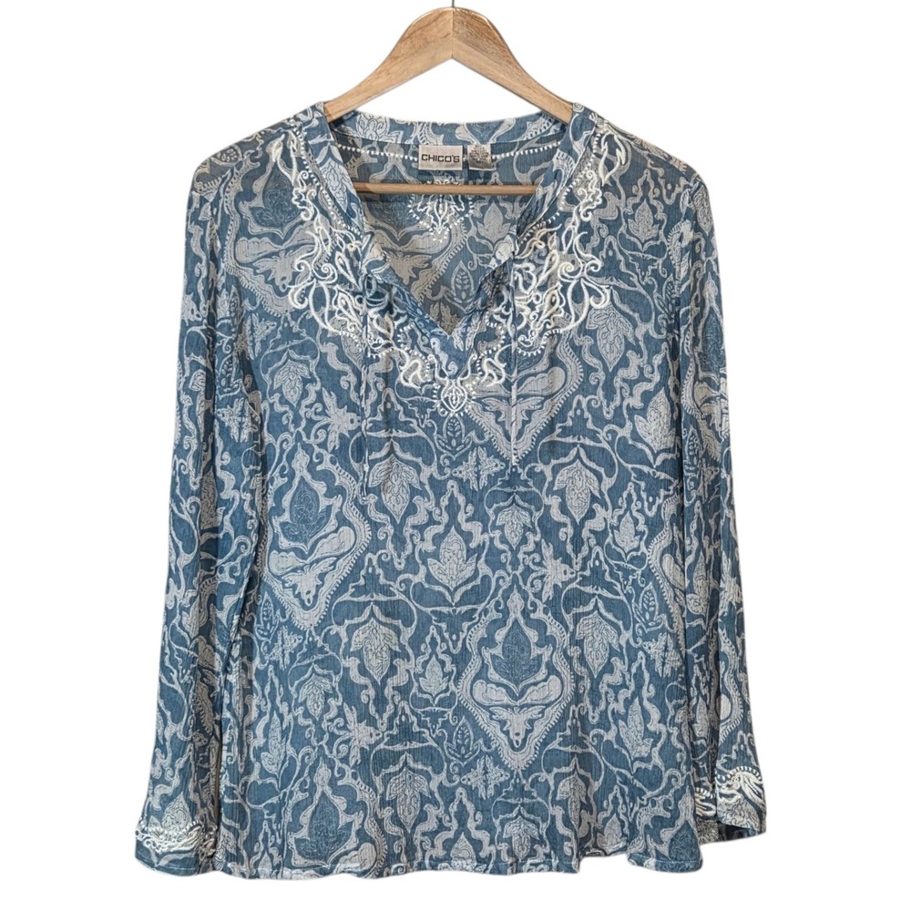 Chicos Blue Bohemian Silk Top Womens Medium Embroidered Resort Coastal Relaxed